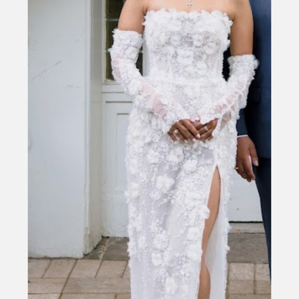 Strapless White Floral Appliqué Evening Gown